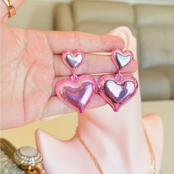 Pink and Silver Heart Earrings - Picture 10 of 10
